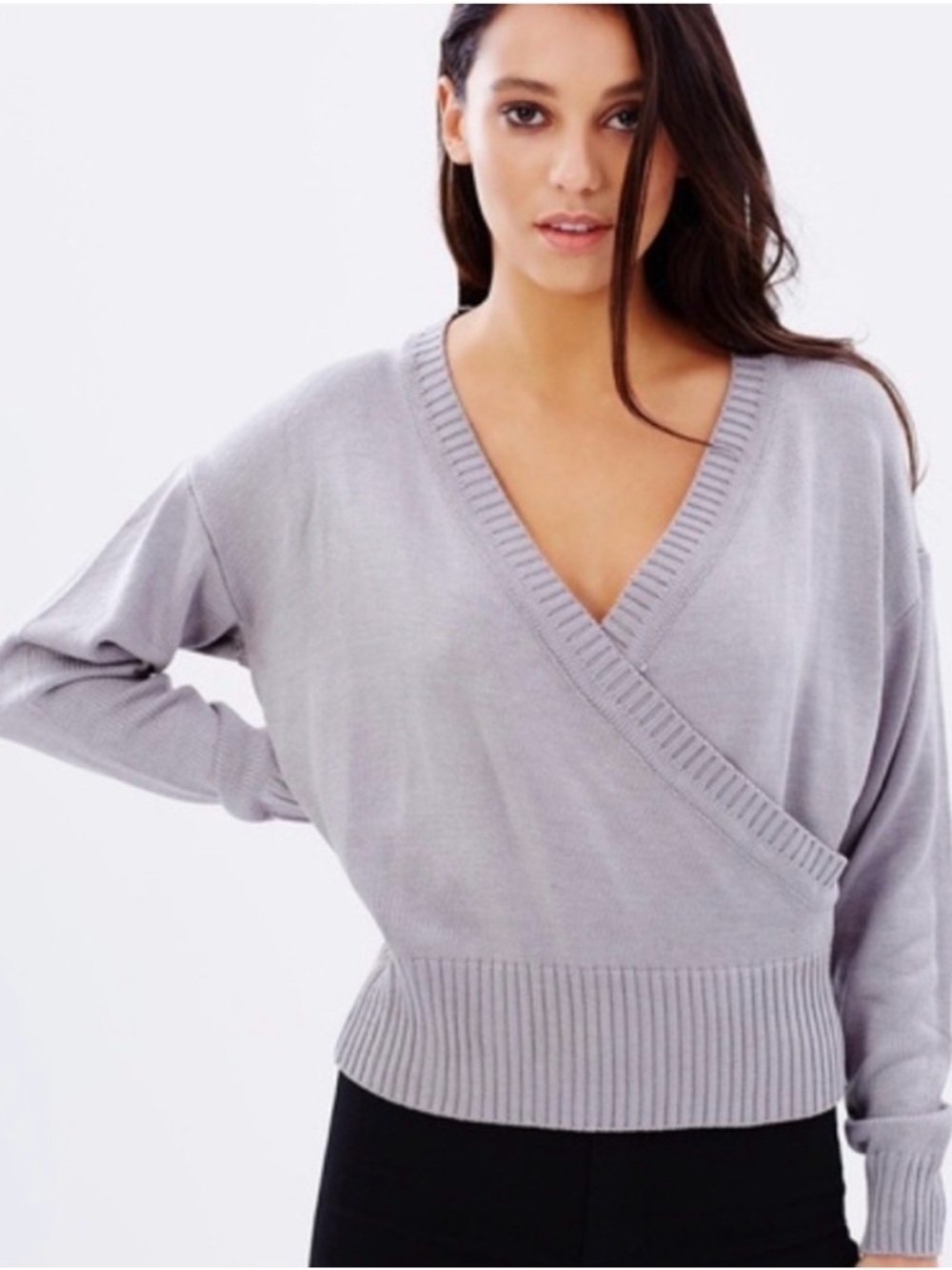 Revolve Brand Lioness Light Gray V-Neck Wrap Sweater,elevated basic, XS